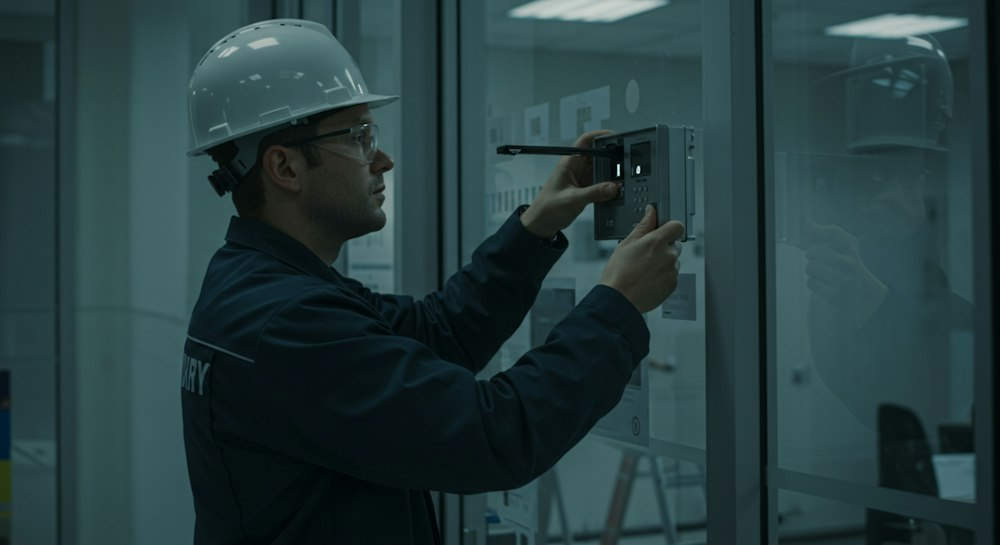Technician inspecting a wall-mounted device