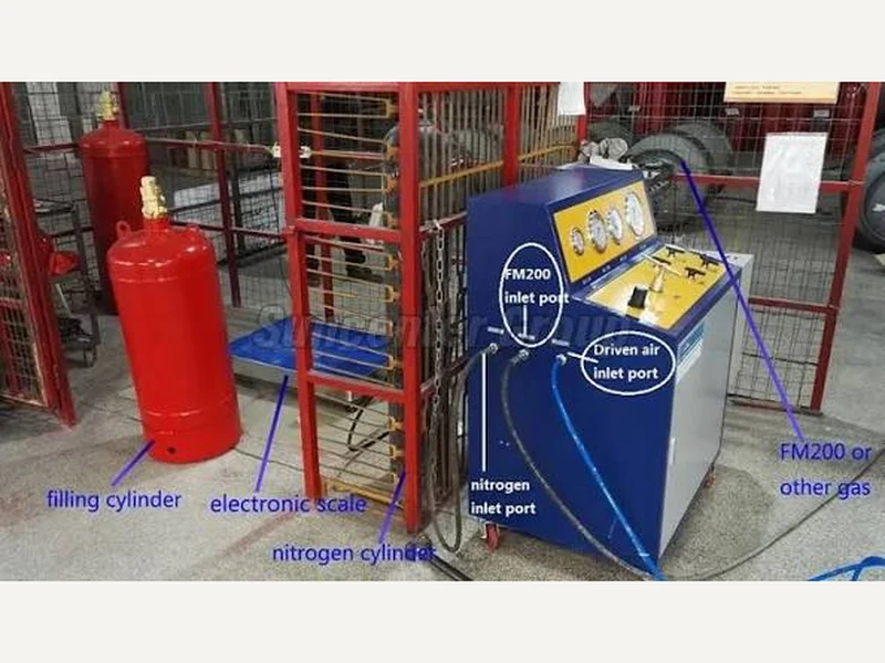 Clean agent recharge station filling an FM-200 cylinder