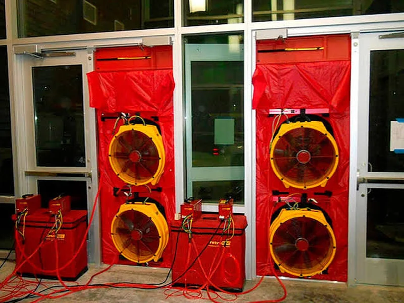 Door-fan rigs set up for an enclosure integrity test
