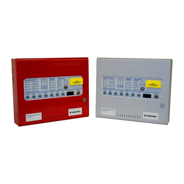 Hochiki HCVR-3 conventional releasing fire alarm control panel in red and gray